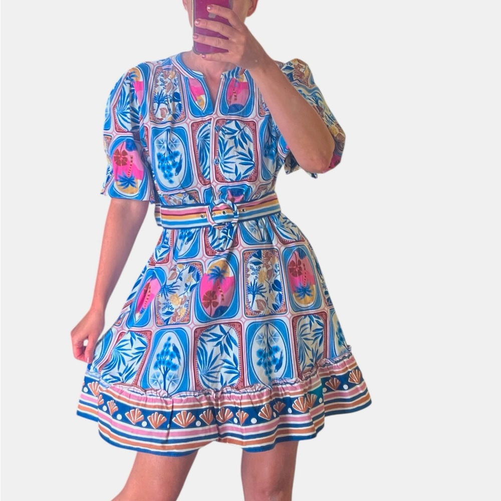 Joie stamps printed dress puff sleeves with belt size 10 Medium